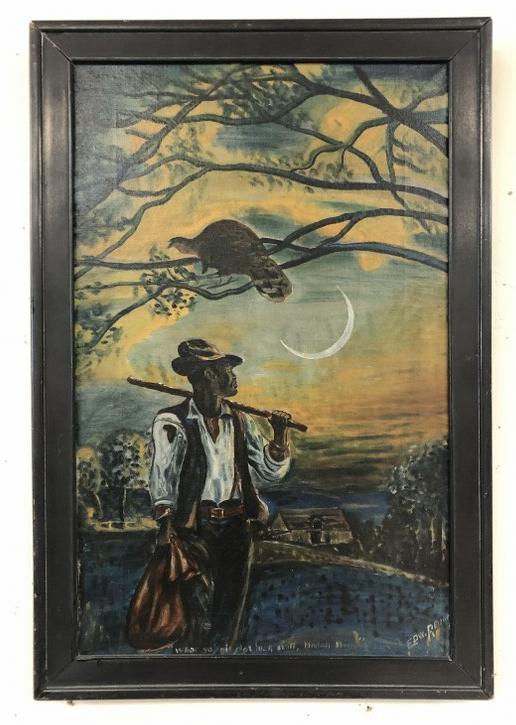 Circa 1900 o/c black man hunting, with bird overhead on branch, with quote on bottom which reads ( (1 of 5)