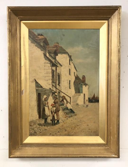 Charles Muirhead o/c Continental street scene with people, dated 1887, in frame of the period, (1 of 6)