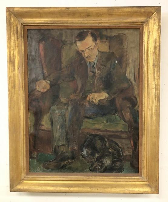 Circa 1930's impressionist o/c man sitting in chair, reading book, dog by his feet, unsigned, ( (1 of 3)