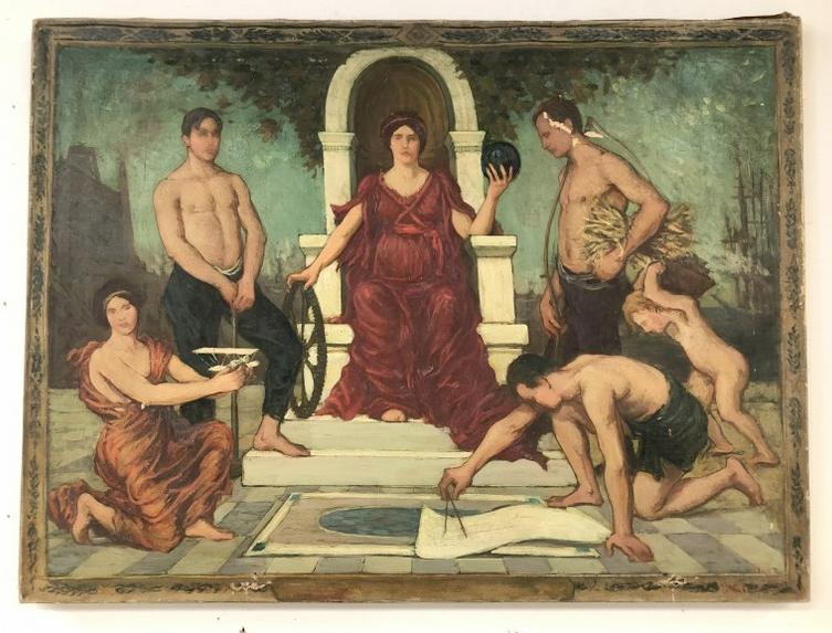 George Davidson (1889-1965) o/c seated woman on throne type chair, with servants or workers around (1 of 3)