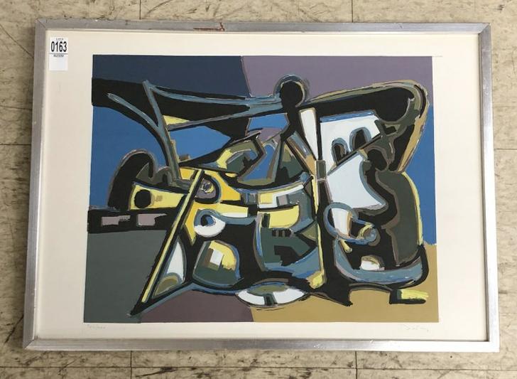 Mid Century abstract silkscreen, signed illegibly ( Ben Shahn ?) Number 326 of 400, in silver wood (1 of 2)