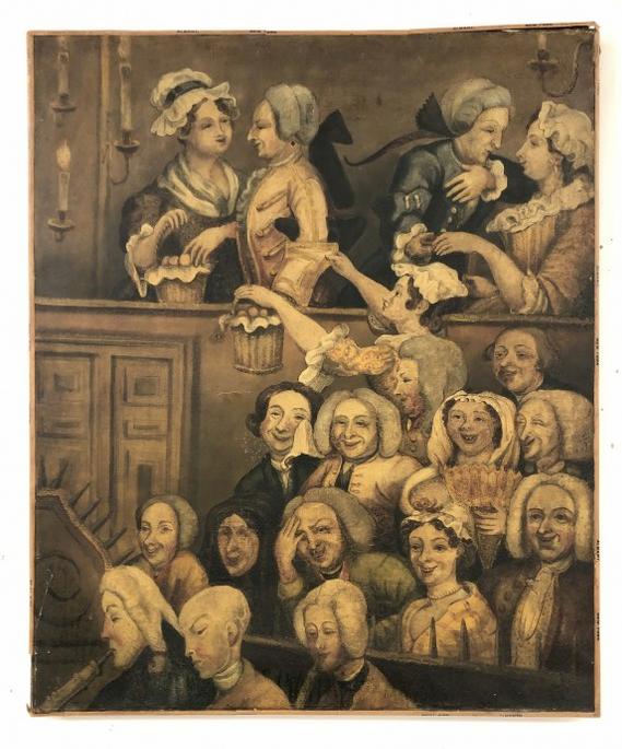 Circa 1890's o/c people at Theater possibly, in audience, has an older relining, unsigned, about a (1 of 4)