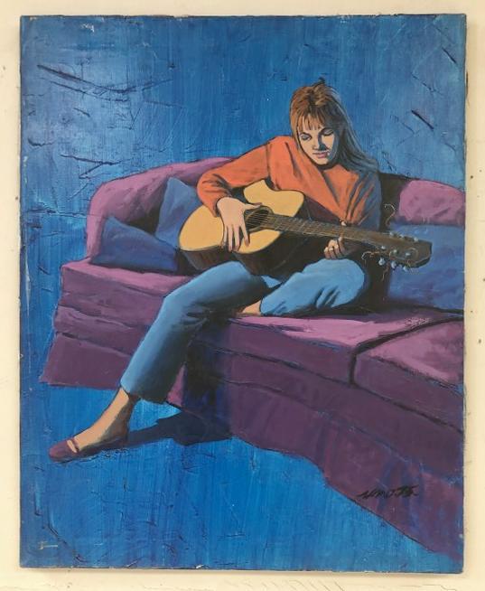 Dated 1975 o/c girl playing acoustic guitar on purple sofa, has an illustration feel. Initialed (1 of 4)