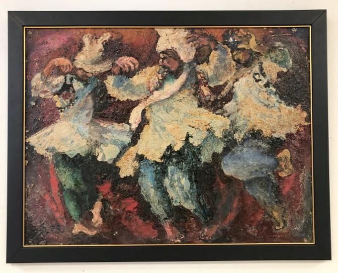 Impressionist o/b people dancing, initialed lower left illegibly as pictured. In newer black frame, (1 of 4)