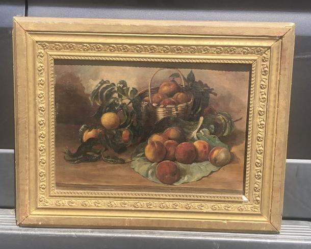 Circa 1890's o/c still life with basket of peaches, with peaches around the basket, unsigned, in: Circa 1890's o/c still life with basket of peaches, with peaches around the basket, unsigned, in frame of the period, painting in nice estate condition. Painting meausres 14" x 20". From Hudson, N.Y. 
