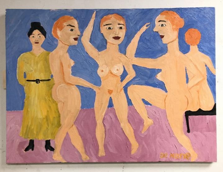 Outside Artist Don Denarie ( B 1943 ) o/c group of nude dancers, signed lower right, painting: Outside Artist Don Denarie ( B 1943 ) o/c group of nude dancers, signed lower right, painting measures 22" x 30". From Hudson, N.Y. estate of noted Art Collector Albert Burnette Roberts (1932-2021). H