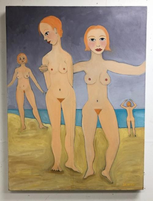 Outside Artist Don Denarie ( B 1943 ) o/c group of nude women at the beach, signed lower right,: Outside Artist Don Denarie ( B 1943 ) o/c group of nude women at the beach, signed lower right, painting measures 40" x 30". From Hudson, N.Y. estate of noted Art Collector Albert Burnette Roberts (19