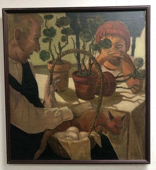 Circa 1950's o/c Man & Woman seated at table, he's holding a cat, and basket of eggs, with potted (1 of 4)