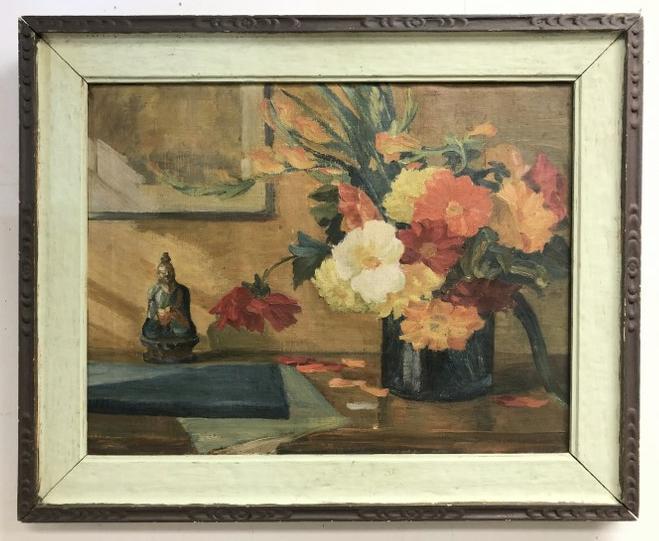 Circa 1930's o/c still life with flowers, unsigned, in painted frame of the period. Painting (1 of 2)