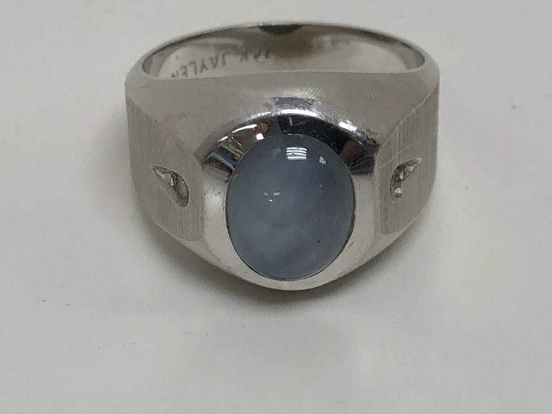14K Jaylen cabachon blue gray star sapphire men's ring, with 2 diamond accents, white gold, weighs (1 of 3)
