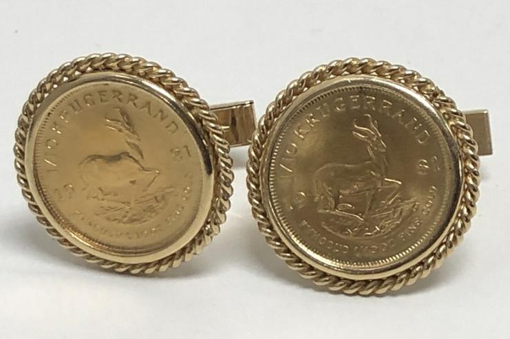 14K men's cufflinks, with 1/10 ounce krugerand coins. Weighs 9.7 dwt. From fine local estate. (1 of 3)