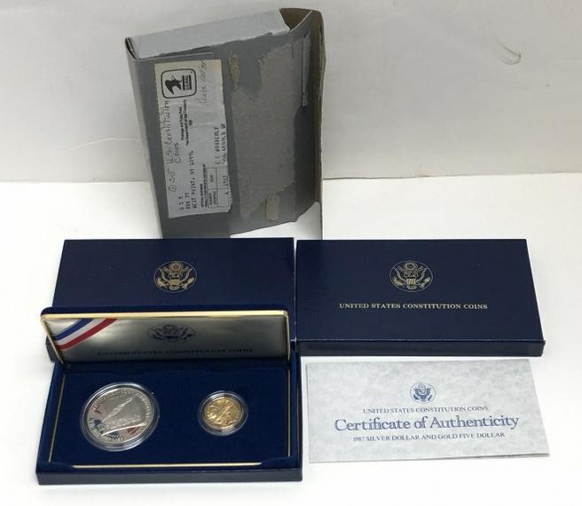 1987 Constitution 2 Coin UNC Commemorative Set includes $5 gold coin & $1 silver dollar. In original (1 of 3)