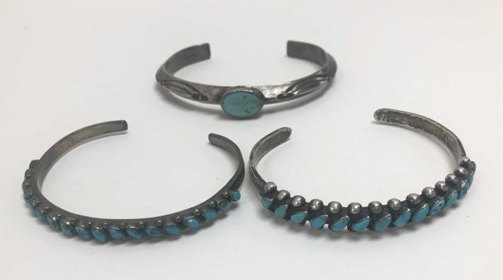 (3) sterling Navajo silver bracelets with turquoise, (1) marked Navajo, from local estate (1 of 4)