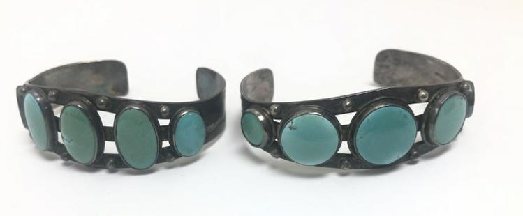 (2) Navajo sterling & turquoise bracelets, from estate collection, both marked Navajo, in as found (1 of 6)