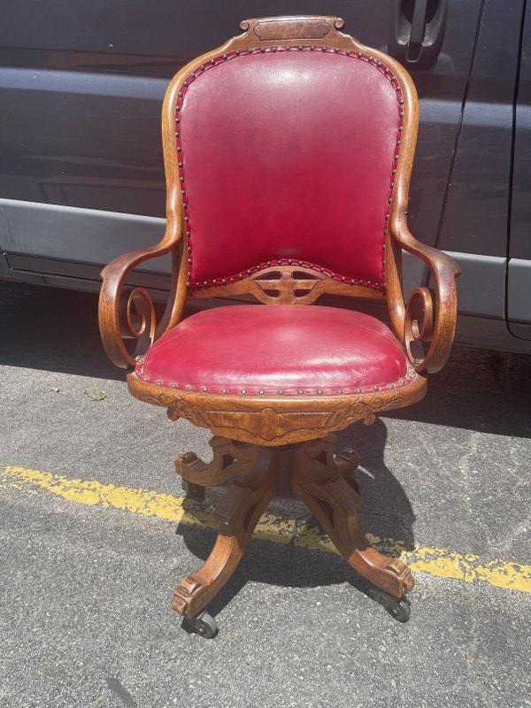 Heywood Bros. ( Gardner,Mass ) Victorian walnut desk chair, swivels, adjustable base, and nice red (1 of 6)