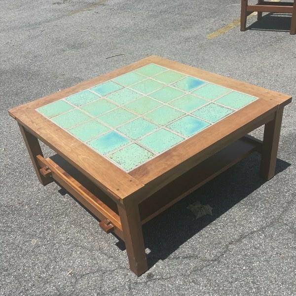 Contemporary Stickley cherry coffee table with green tiled top, from fine home in NYC, table (1 of 4)