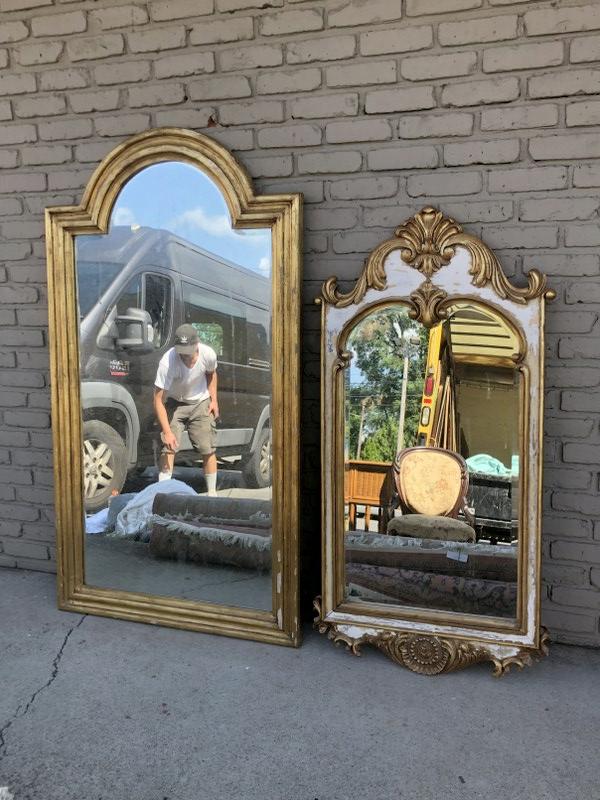 2 decorative mirrors with worn patina, 1 measures 53" high x 25" wide, other measures 64" high x 35" (1 of 2)