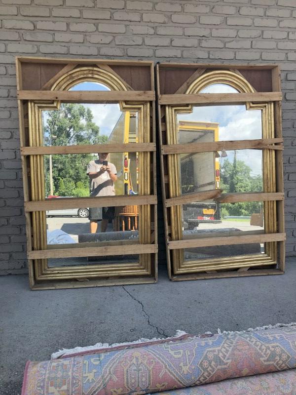 Pr.of imported gold decorative mirrors in packing crate, nice worn patina, measure 63" x 35" wide (1 of 2)