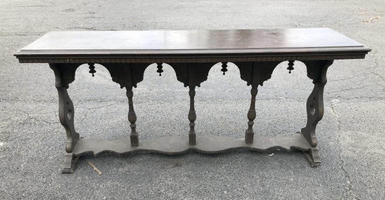 1920's walnut library table, piece of veneer coming up on one side, small piece off foot, measures (1 of 2)