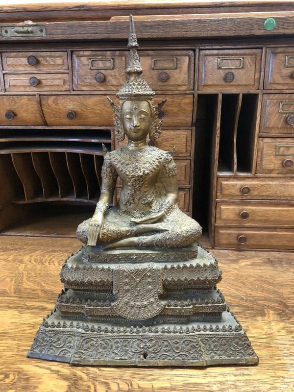 Estate old bronze Buddah, just as found in the estate, (old bee's nest underneath ), measures 16" (1 of 7)