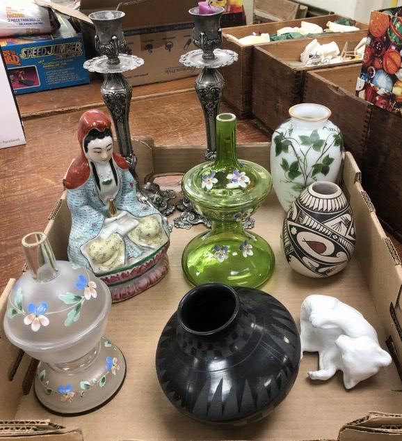 Misc. estate lot to incl. Indian pottery, Victorian glass, pr. Contemporary silverplated (1 of 7)