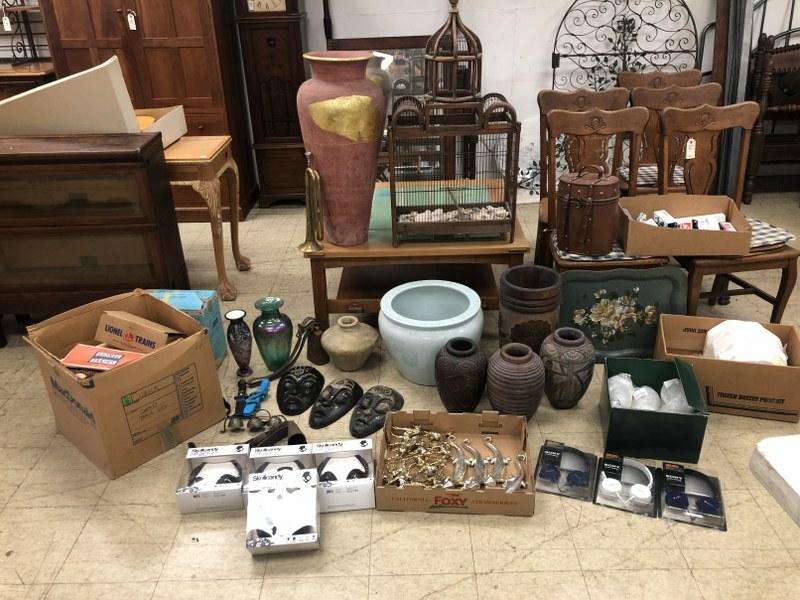 Big estate lot including Lionel trains, woodenware bowls, big terra cotta vase with fish, birdcage, (1 of 14)