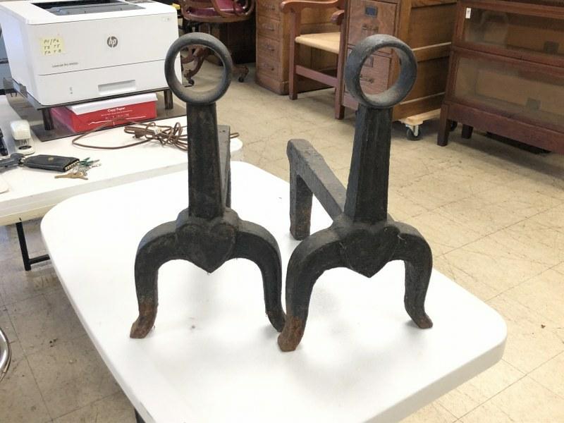 Pr. Hand made iron andirons with hearts, measure 15.5" high. (1 of 3)