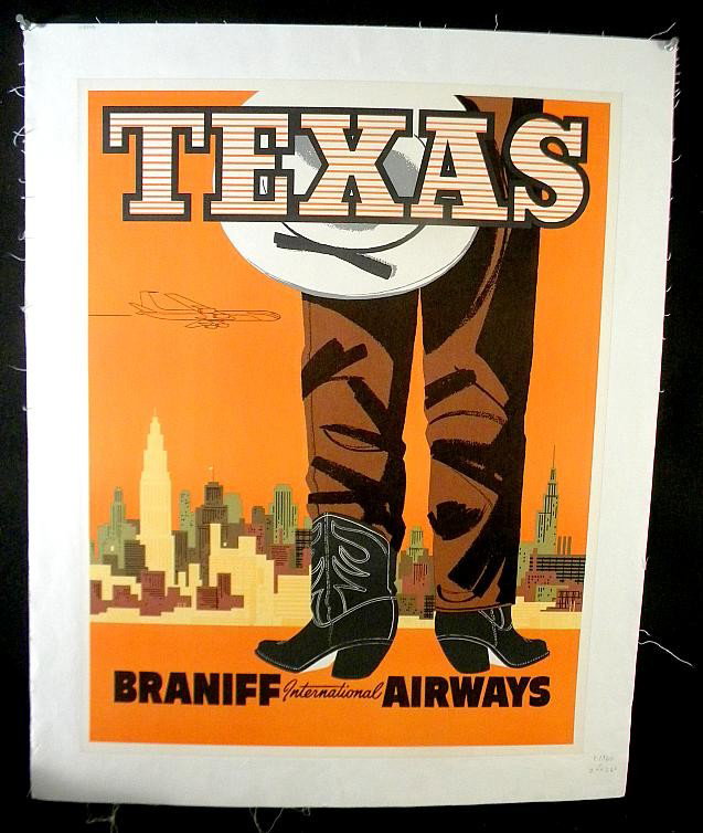 VINTAGE POSTER- BRANIFF INTERNATIONAL AIRWAYS TEXAS : VINTAGE POSTER- BRANIFF INTERNATIONAL AIRWAYS TEXAS CIRCA 1960 . CITY VIEW IN BACKGROUND, WITH COWBOY BOOTS IN FOREGROUND, MEASURES 26" X 20". LINEN BACKED, NICE CONDITION.