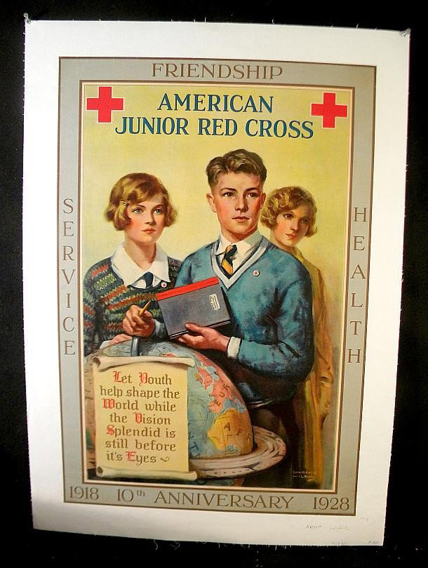 VINTAGE POSTER- 1928 AMERICAN JUNIOR RED CROSS 10TH : VINTAGE POSTER- 1928 AMERICAN JUNIOR RED CROSS 10TH ANNIVERSARY 1918-1928, LINEN BACKED. MEASURES 30" X 20". NICE CONDITION, ARTIST IS LAWRENCE WILBUR.