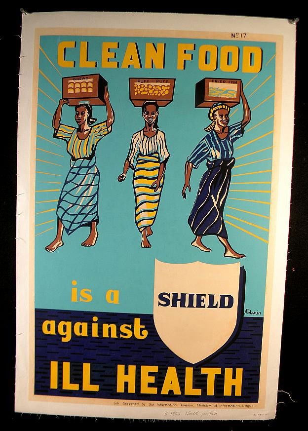 VINTAGE POSTER-CLEAN FOOD IS A SHIELD AGAINST ILL H: VINTAGE POSTER-CLEAN FOOD IS A SHIELD AGAINST ILL HEALTH, ARTIST IS A FOLARIN, LINEN BACKED, MEASURES 29" X 19", CIRCA 1950