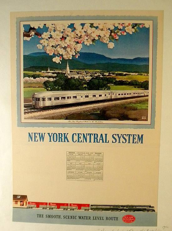 VINTAGE POSTER-NEW YORK CENTRAL SYSTEM 1950 CALENDA: VINTAGE POSTER-NEW YORK CENTRAL STATES 1950 CALENDAR, THE "NEW ENGLAND STATES" IN THE BERKSHIRES, MEASURES 26" X 18", ARTIST IS LESLIE RAGAN, LINEN BACKED