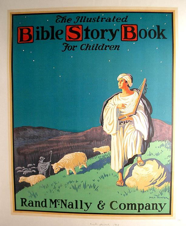 VINTAGE POSTER-RAND MCNALLY & CO BOOK POSTER 1916: VINTAGE POSTER- RAND MCNALLY & COMPANY BOOK POSTER, 1916, THE ILLUSTRATED BIBLE STORY BOOK FOR CHILDREN, ARTSIST IS MILO WINTER, MEASURES 24" X 30", LINEN BACKED, SHEPHERDS W/SHEEP