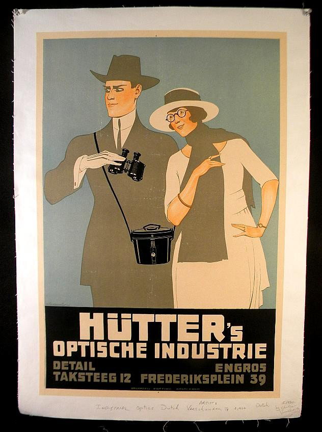 VINTAGE POSTER-DUTCH INDUSTRIAL OPTICS POSTER CIRCA: VINTAGE POSTER-DUTCH INDUSTRIAL OPTICS POSTER CIRCXA 1920, ARTIST IS VERSCHUUREN JR, HUTTER'S OPTISCHE INDUSTRIE, MEASURES 31"X 21 1/4", LINEN BACKED
