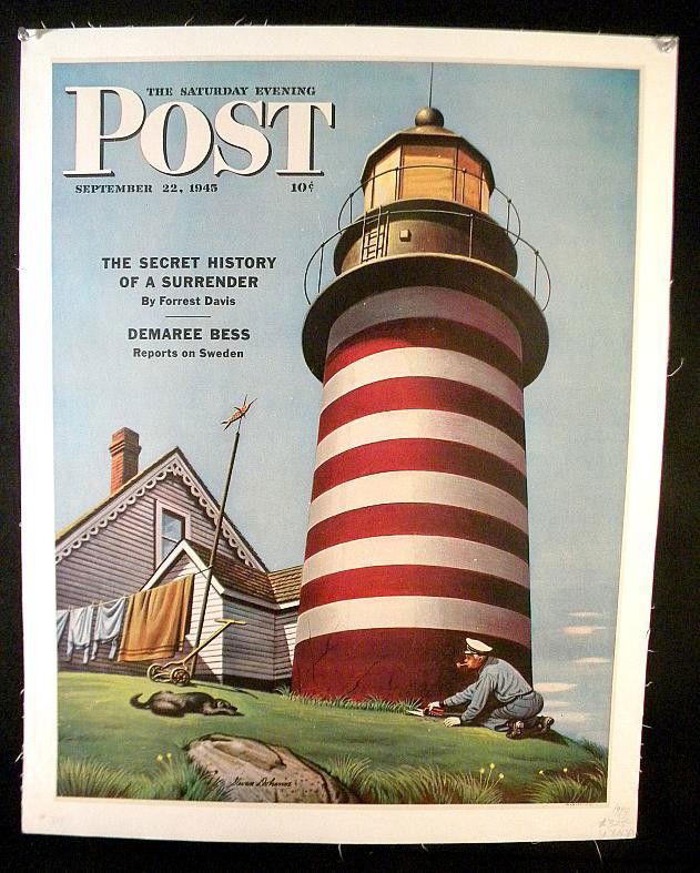 VINTAGE POSTER-SATURDAY EVENING POST POSTER SEPT 22: VINTAGE POSTER-THE SATURDAY EVENING POST SEPTEMBER 22, 1945, ARTIST IS STEVAN DOHANOS, MEASURES 28" X 22", LINEN BACKED