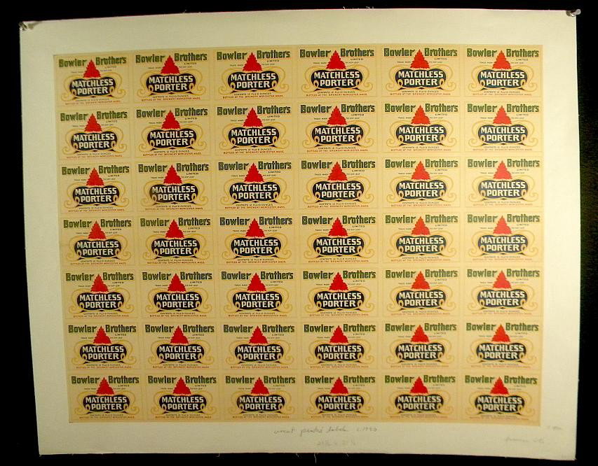 VINTAGE POSTER-UNCUT PRINTER'S LABELS BOWLER BROS C: VINTAGE POSTER-UNCUT PRINTER'S LABELS CIRCA 1920, BOWLER BROTHERS MATCHLESS PORTER, BOTTLED AT THE BREWERY WORCESTER, MASS, MEASURES 28 1/2" X 21 1/2", LINEN BACKED