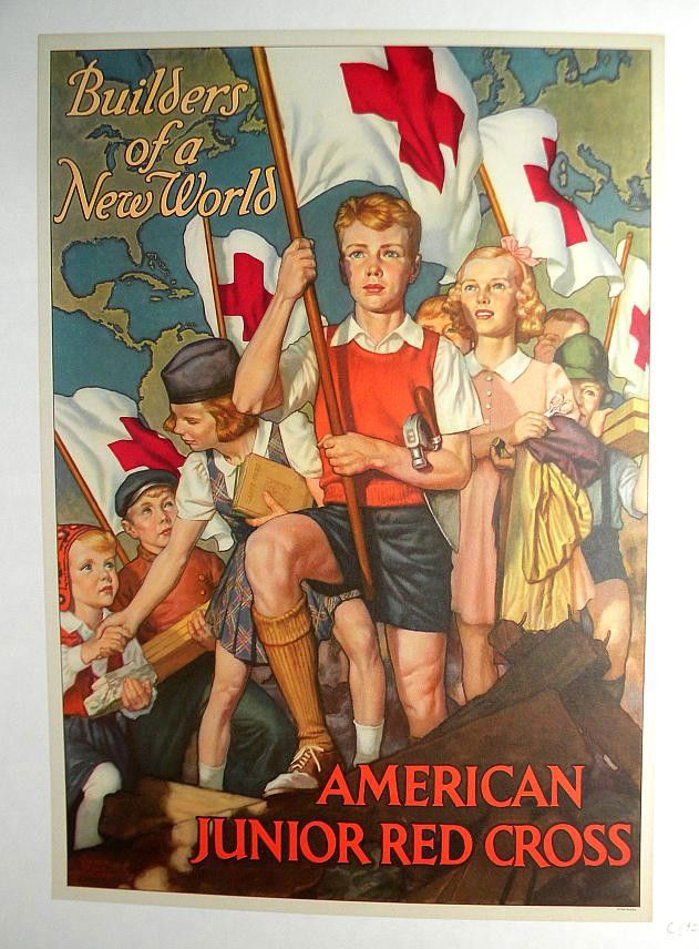 VINTAGE POSTER-WWI AMERICAN JR RED CROSS CIRCA 192: VINTAGE POSTER-AMERICAN JUNIOR RED CROSS CIRCA 1925, BUILDERS OF A NEW WORLD, ARTIST IS WALTER BEACH HUMPHREY, MEASURES 15 1/2" X 22", LINEN BACKED