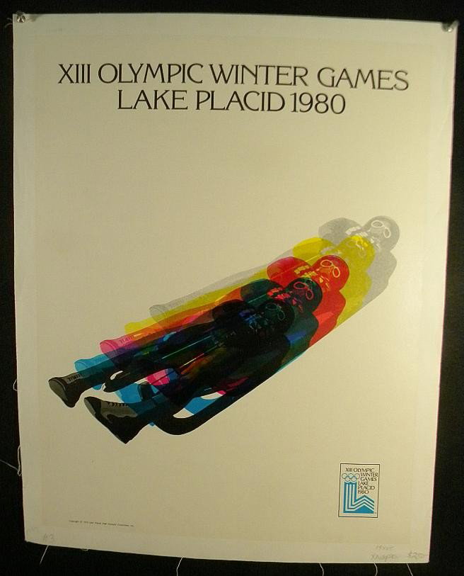 VINTAGE POSTER-LAKE PLACID WINTER OLYMPICS 1980: VINTAGE POSTER-XIII OLYMPIC WINTER GAMES LAKE PLACID 1980 POSTER, LUGE, MEASURES 19" X 25", LINEN BACKED