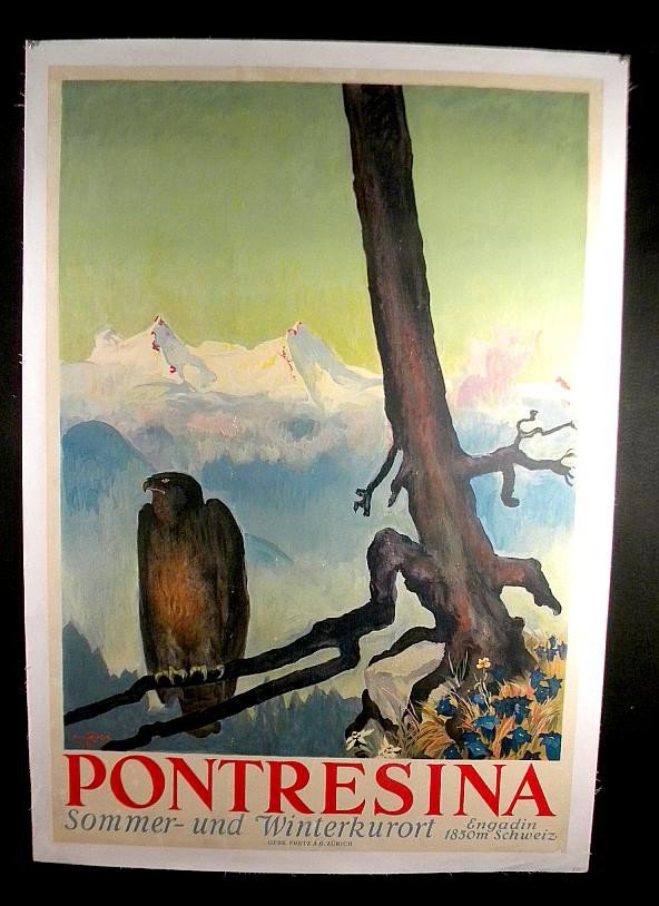 VINTAGE POSTER-GERMAN TRAVEL PONTRESINA, 1927 : VINTAGE POSTER-GERMAN TRAVEL POSTER, PONTRESINA, SOMMER-UND WINTERKURORT, 1927, ENGADIN 1850M SCHWEIZ, ARTIST SIGNED, MEASURES 49 1/2" X 34", SOME SMALL TOUCH UP BY BOTTOM LETTERS, LINEN BACKED