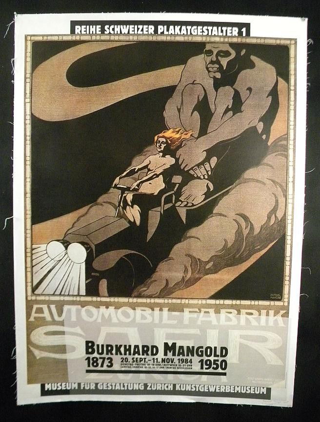 VINTAGE POSTER-BURKHARD MANGOLD EXHIBIT POSTER 198: VINTAGE POSTER-BURKHART MANGOLD EXHIBIT POSTER, 1984, AUTOMOBIL-FABRIK, MEASURES 50" X 35 1/2', LINEN BACKED