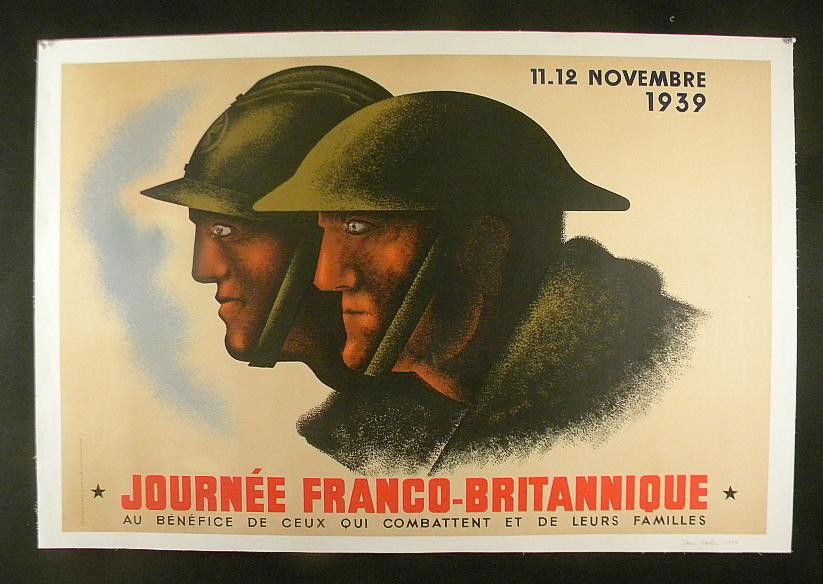 VINTAGE POSTER-FRENCH WAR POSTER 1939- JEAN CARLU: VINTAGE POSTER-FRENCH WAR POSTER 1939, the artist is Jean Carlu, JOURNEE FRANCO-BRITANNIQUE AU BENEFICE DE CEUX QUI COMBATTENT ET DE LEURS FAMILLES, MEASURES 30 1/2" X 46", LINEN BACKED