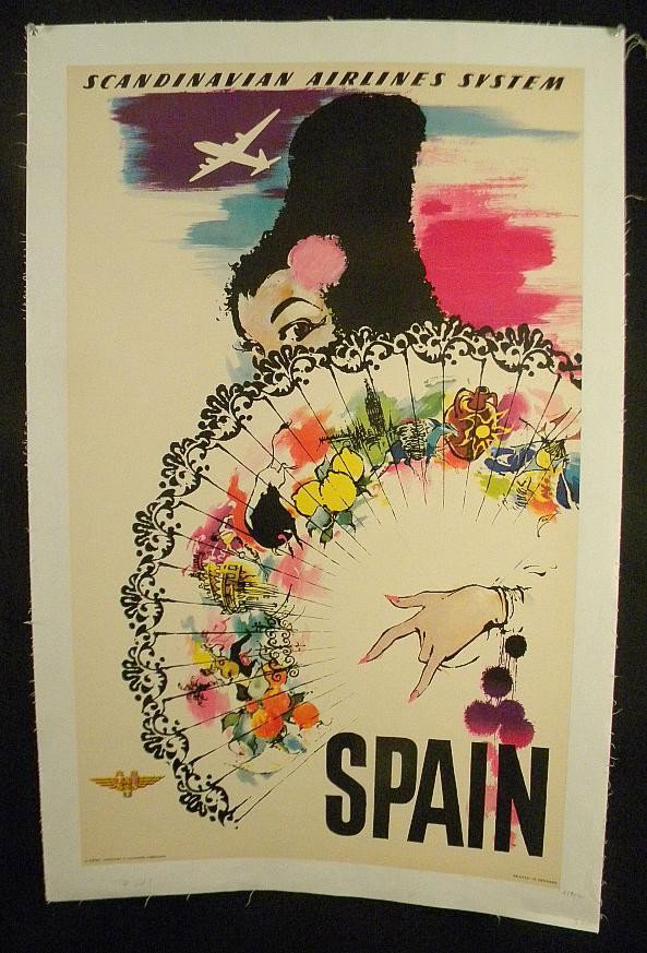 VINTAGE POSTER-SCANDINAVIAN AIRLINES SPAIN CIRCA 1: VINTAGE POSTER-SCANDINAVIAN AIRLINES SYSTEM, SPAIN, CIRCA 1952, PRINTED IN DENMARK, MEASURES 39" X 24", LINEN BACKED