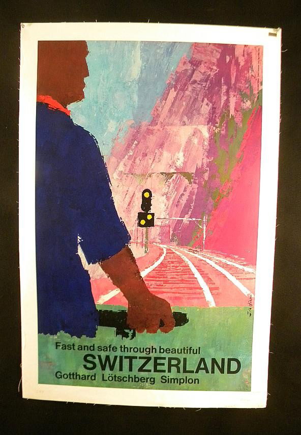 VINTAGE POSTER-SWITZERLAND TRAVEL POSTER CIRCA 195: VINTAGE POSTER-SWITZERLAND TRAVEL POSTER CIRCA 1955, ARTIST IS BUHLER, FAST AND SAFE THROUGH BEAUTIFUL SWITZERLAND, MEASURES 40" X 25 1/2", LINEN BACKED