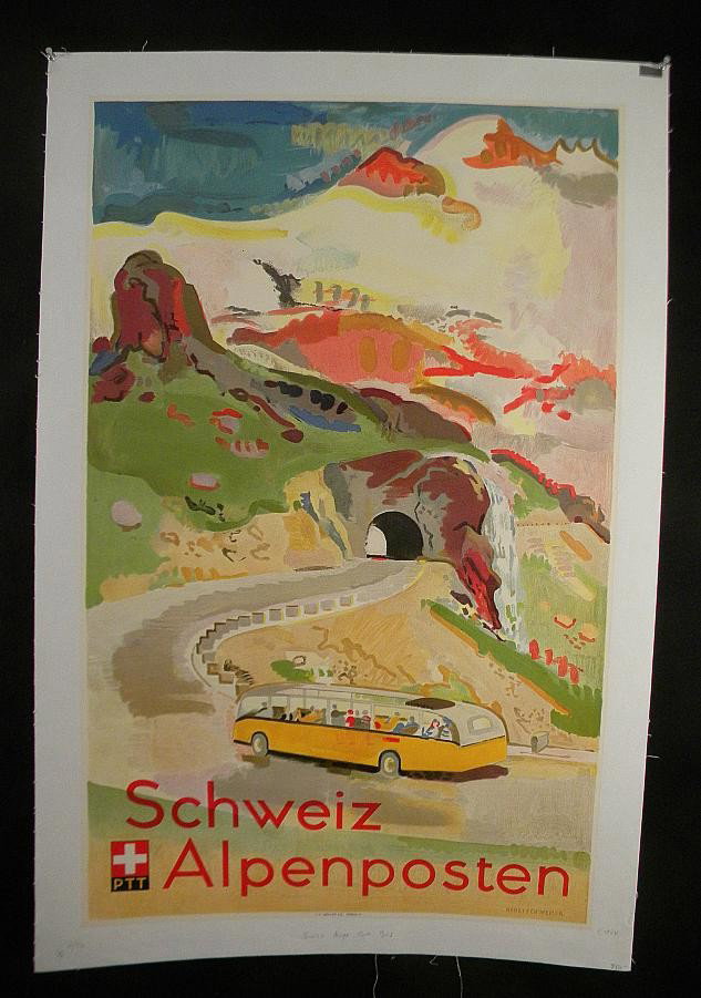 VINTAGE POSTER-SWISS ALPS TOUR BUS CIRCA 1948: VINTAGE POSTER-SWISS ALPS TOUR BUS POSTER CIRCA 1948, SCHWEIZ ALPENPOSTEN, MEASURES 39" X 25", LINEN BACKED, ARTIST HEGETSCHWEILER