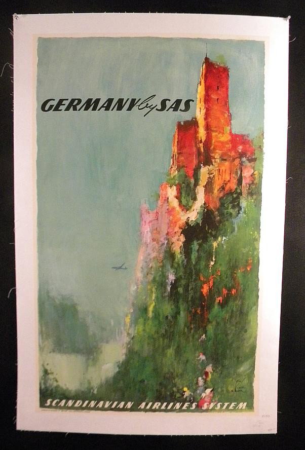 VINTAGE POSTER-SCANDINAVIAN AIRLINES GERMANY CIRCA: VINTAGE POSTER-SCANDINAVIAN AIRLINES SYSTEM, CIRCA 1950, GERMANY BY SAS, MEASURES 25" X 40", ARTIST IS TONI, LINEN BACKED