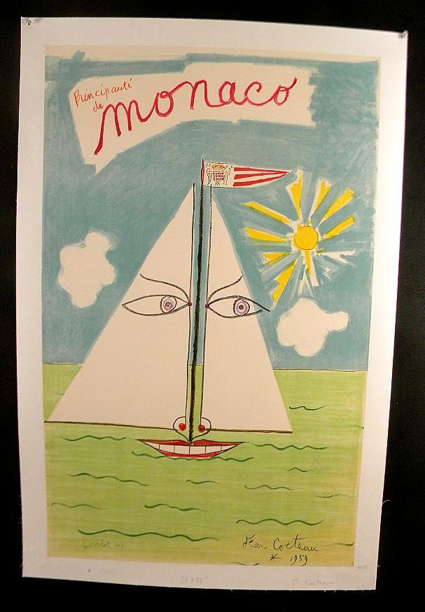 VINTAGE POSTER-MONACO TRAVEL POSTER 1959: VINTAGE POSTER-PRINCIPAUTE DE MONACO 1959, ARTIST IS JEAN COCTEAU, MEASURES 24" X 39", LINEN BACKED. there is an expertly sealed 8 inch tear, barely perceptible in the lower field.....Please take note