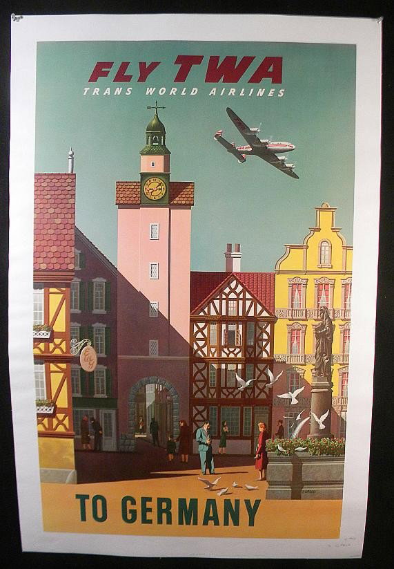 VINTAGE POSTER-FLY TWA TO GERMANY, CIRCA 1950: VINTAGE POSTER-FLY TWA TRANS WORLD AIRLINES TO GERMANY, ARTSIT IS S GRECO, MEASURES 25" X 40", LINEN BACKED
