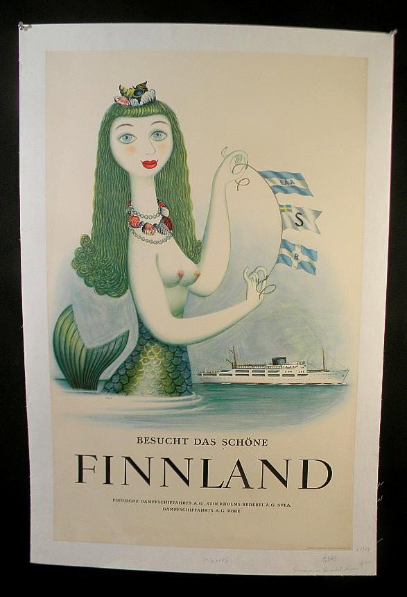 VINTAGE POSTER-SCANDINAVIAN SWEDISH LINES FINNLAND: VINTAGE POSTER-SCANDINAVIAN SWEDISH LINES FINNLAND , CIRCA 1949, BESUCHT DAS SCHONE, ARTIST ABBE, MEASURES 24 1/2" X 38 1/2", LINEN BACKED