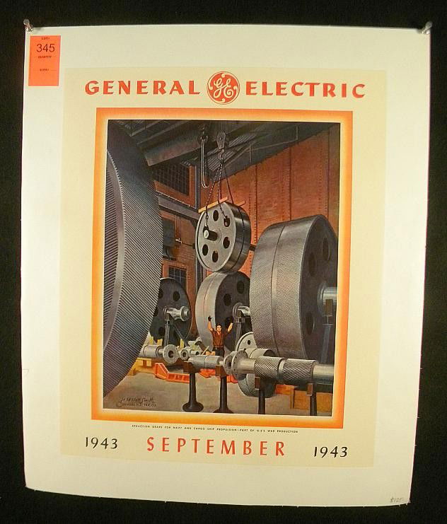 VINTAGE POSTER- WWII GENERAL ELECTRIC, 1943,: VINTAGE POSTER-WWII GENERAL ELECTRIC, SEPTEMBER 1943, REDUCTION GEARS FOR NAVY AND CARGO SHIP PROPULSION-PART OF G-E"S WAR PRODUCTION, MEASURES 18 1/2" X 15", ARTIST H M MOTT-SMITH, LINEN BACKED