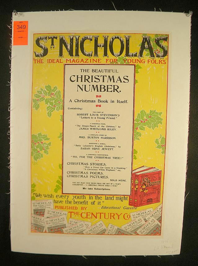 VINTAGE POSTER-ST NICHOLAS, 1895, THE IDEAL MAGAZI: VINTAGE POSTER-ST NICHOLAS, THE IDEAL MAGAZINE FOR YOUNG FOLKS, 1895, THE BEAUTIFUL CHRISTMAS NUMBER. PUBLISHED BY THE CENTURY CO. ARTIST IS L J RHEAD, MEASURES 20 1/2" X 14", LINEN BACKED