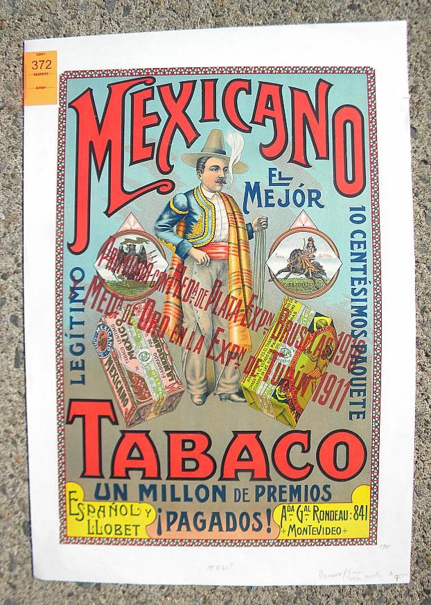 VINTAGE POSTER-MEXICANO TABACO, 1911, BRUSSELS/TUR: VINTAGE POSTER-MEXICANO TABACO, 1911, BRUSSELS/TURIN EXPO, UN MILLON DE PREMIOS, PAGADOS!, MEASURES 14" X 21", LINEN BACKED